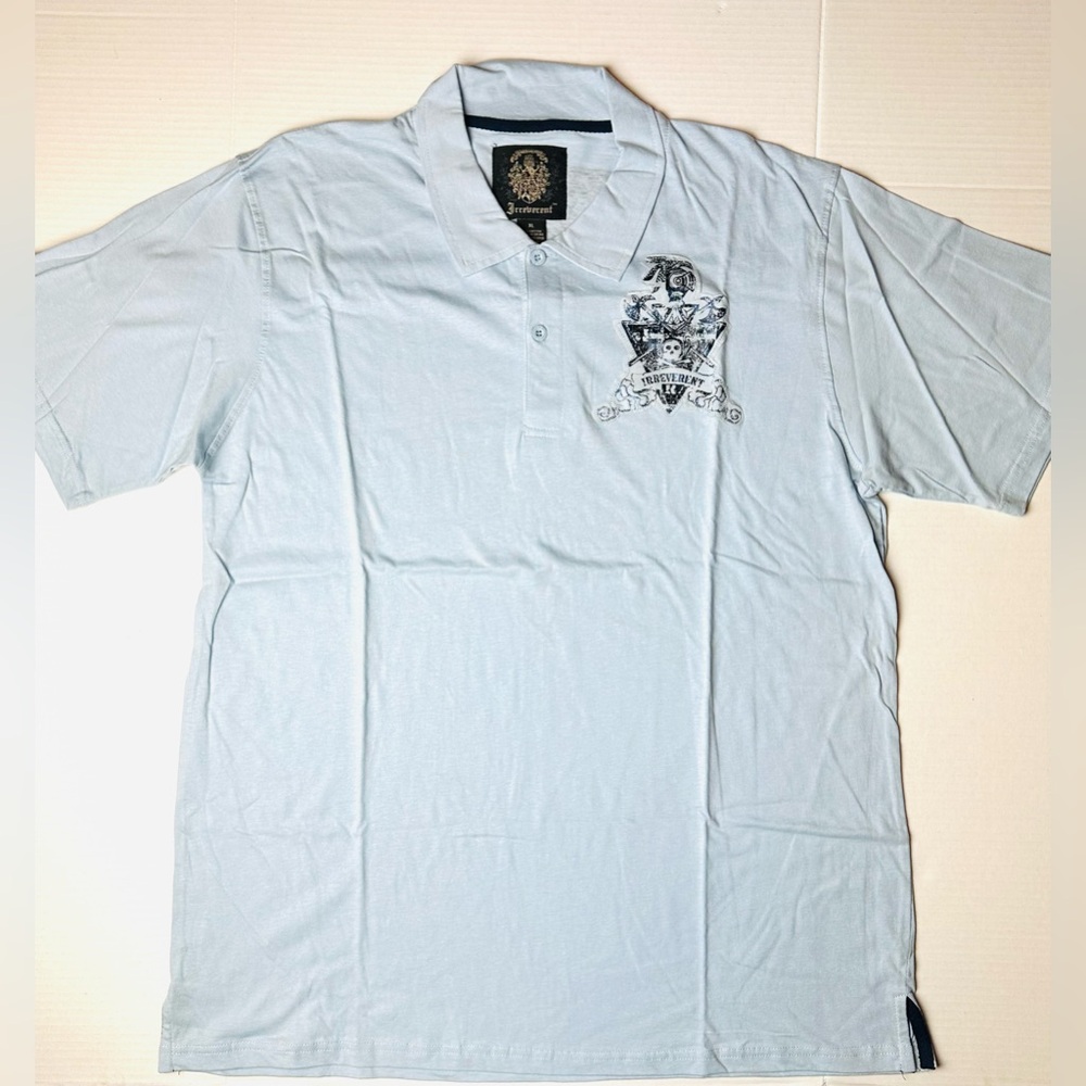 Irreverent Shirt Men XL Skull Cross‎ Gryffin Embroidery Patch Collared Polo Blue